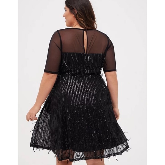 Torrid size 26 ILLUSION SLEEVE SKATER DRESS SEQUIN FRINGE BLACK - Picture 5 of 11